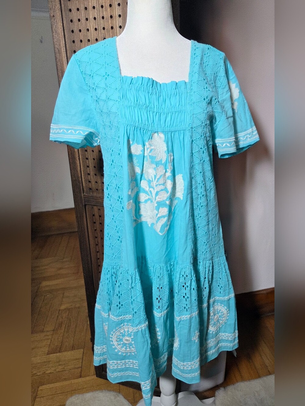 NEW Turquoise Mexican dress features white embroidery and a square neckline.